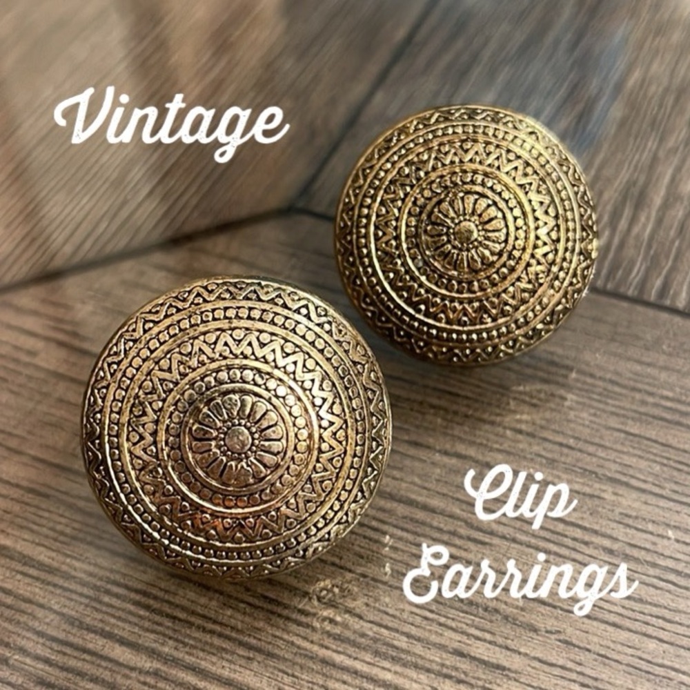 Vintage Round Domed Medallion Clip Earrings